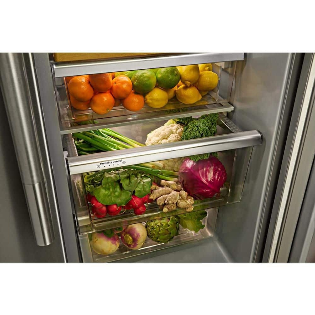 Humidity‑controlled crisper drawers filled with fresh produce