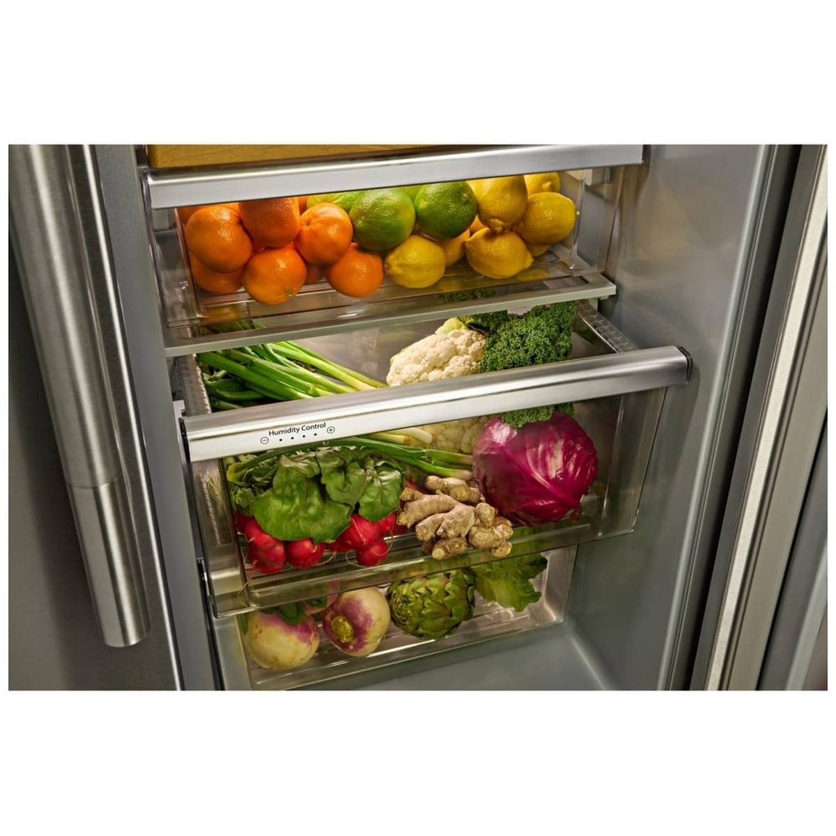 Produce stored in humidity-controlled crisper drawers