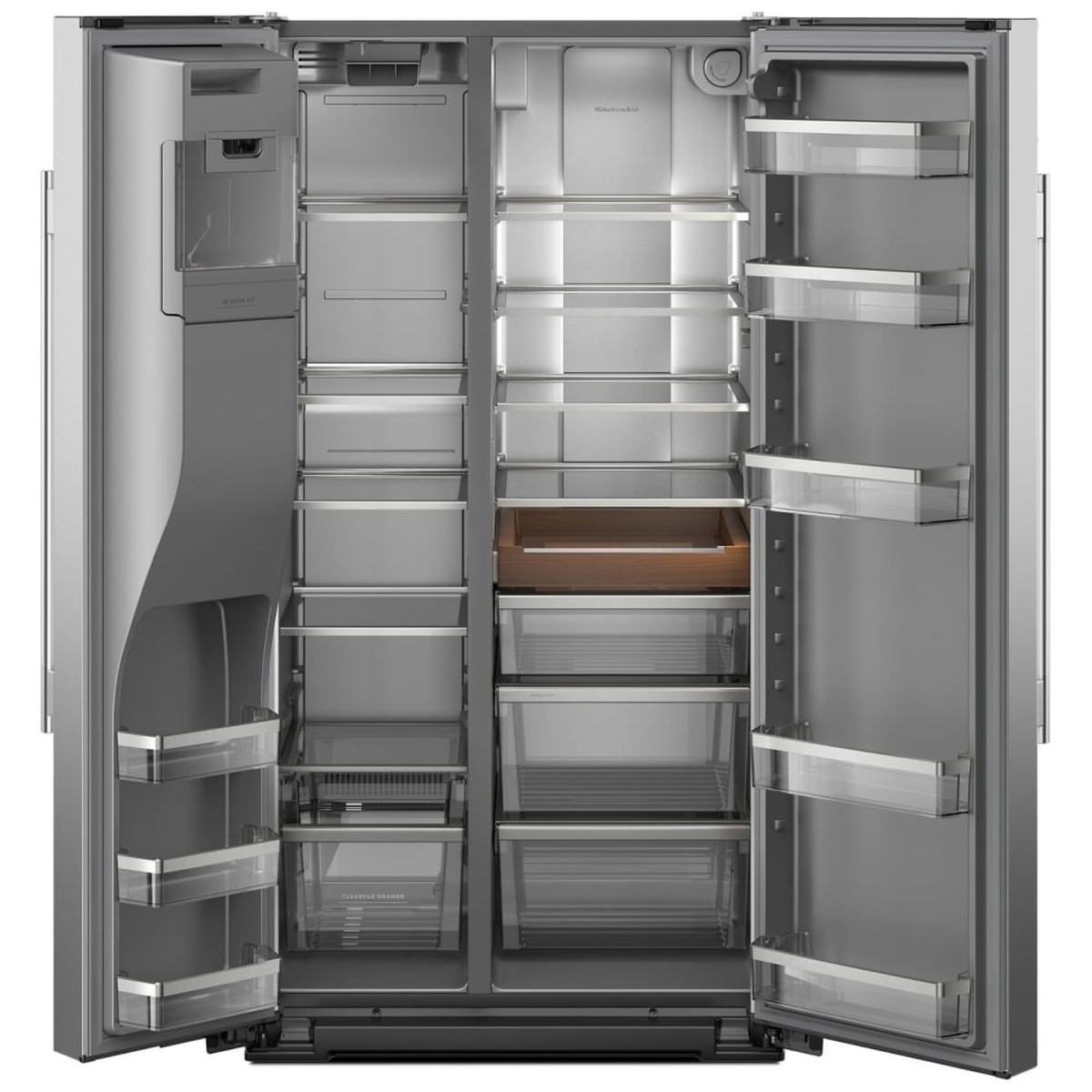 Open side-by-side interior showing shelves, door bins, and wood-look sliding tray