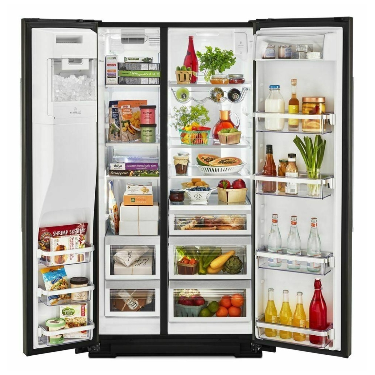Fully stocked interior of side-by-side refrigerator showing adjustable shelves, bins, crisper drawers and wine rack.