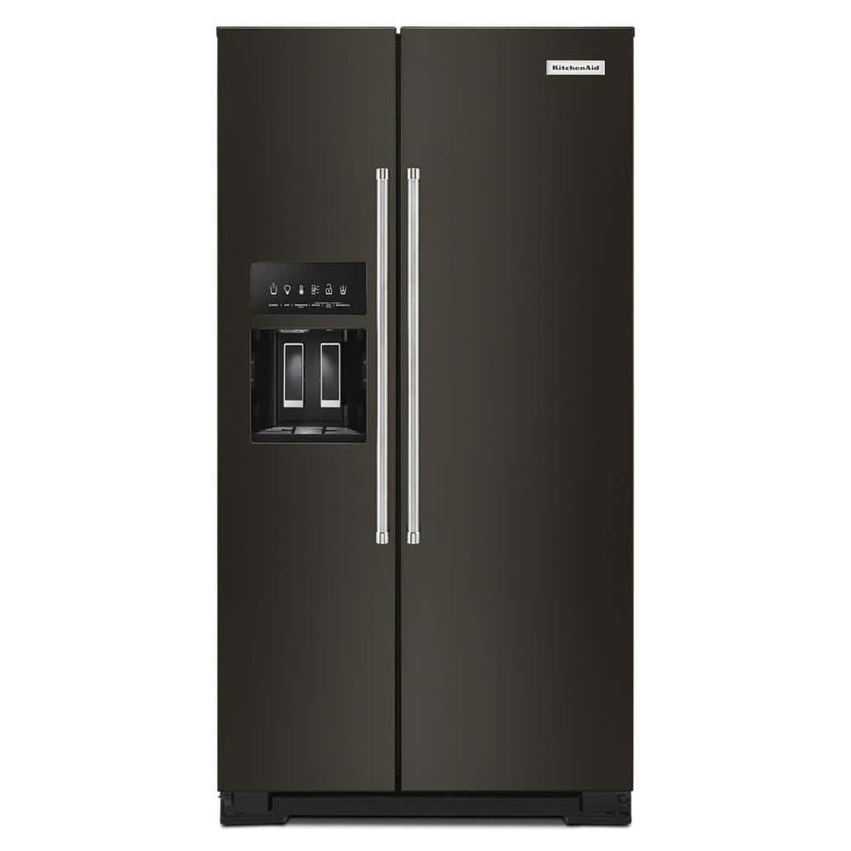 Front view of KitchenAid black stainless side-by-side refrigerator with external ice and water dispenser