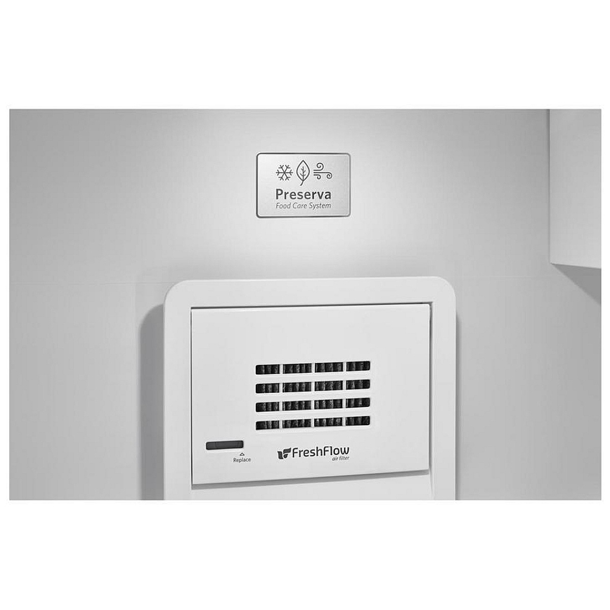 Interior badge and FreshFlow air filter of the Preserva Food Care System inside the refrigerator.