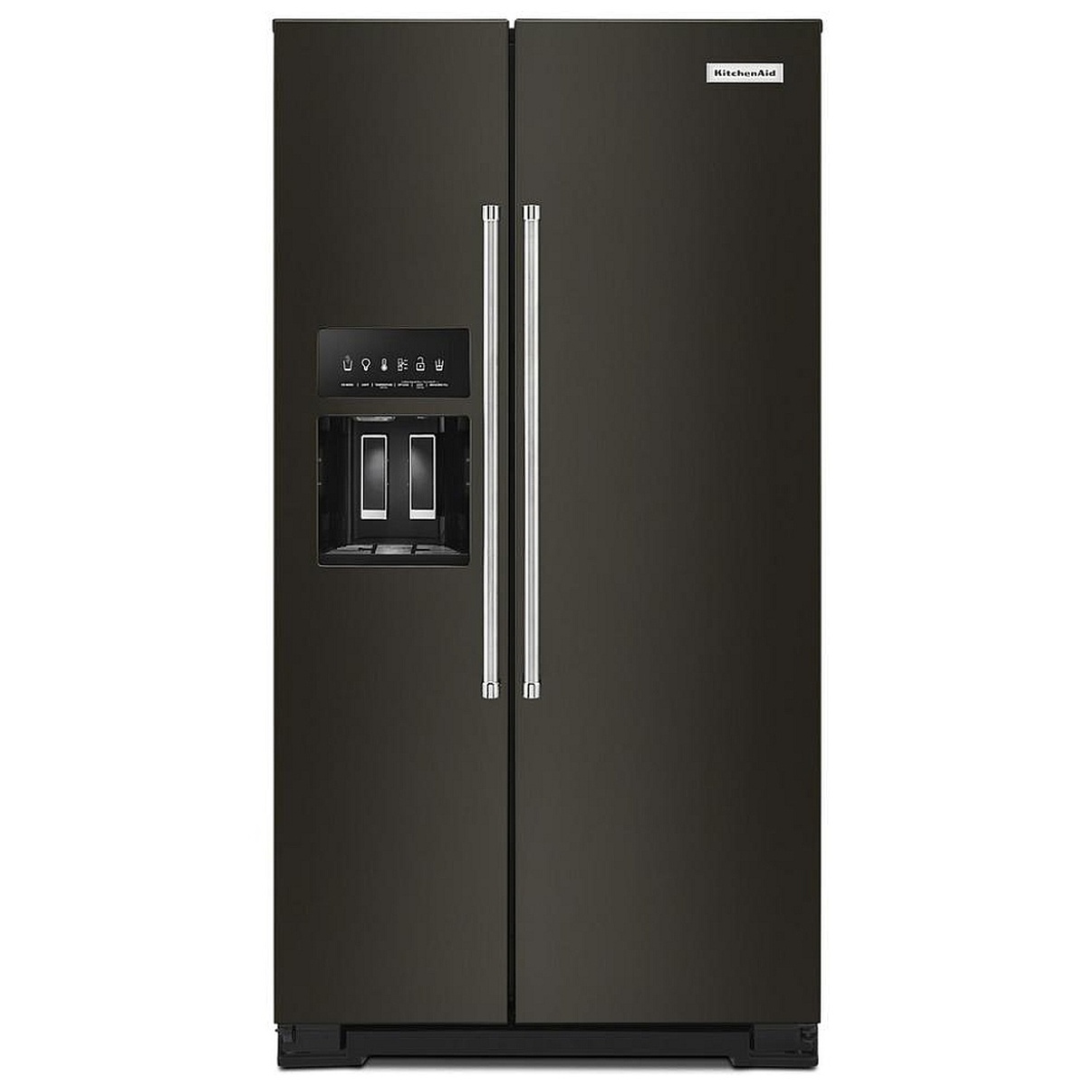 Black stainless KitchenAid side-by-side refrigerator with external ice and water dispenser and bar handles.