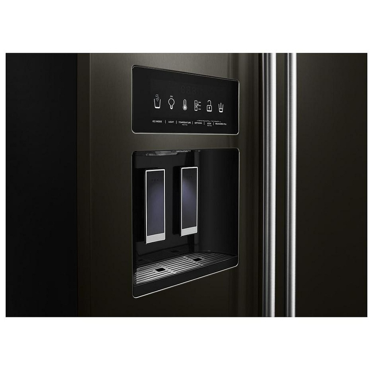 Close-up of the refrigerator’s external dispenser with touch controls and dual paddles.