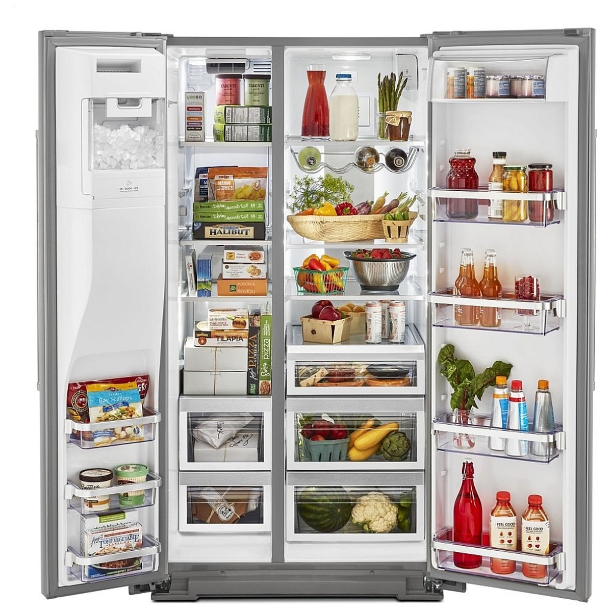 Interior of side-by-side refrigerator showing in-door ice bin, adjustable shelves, drawers and clear door bins