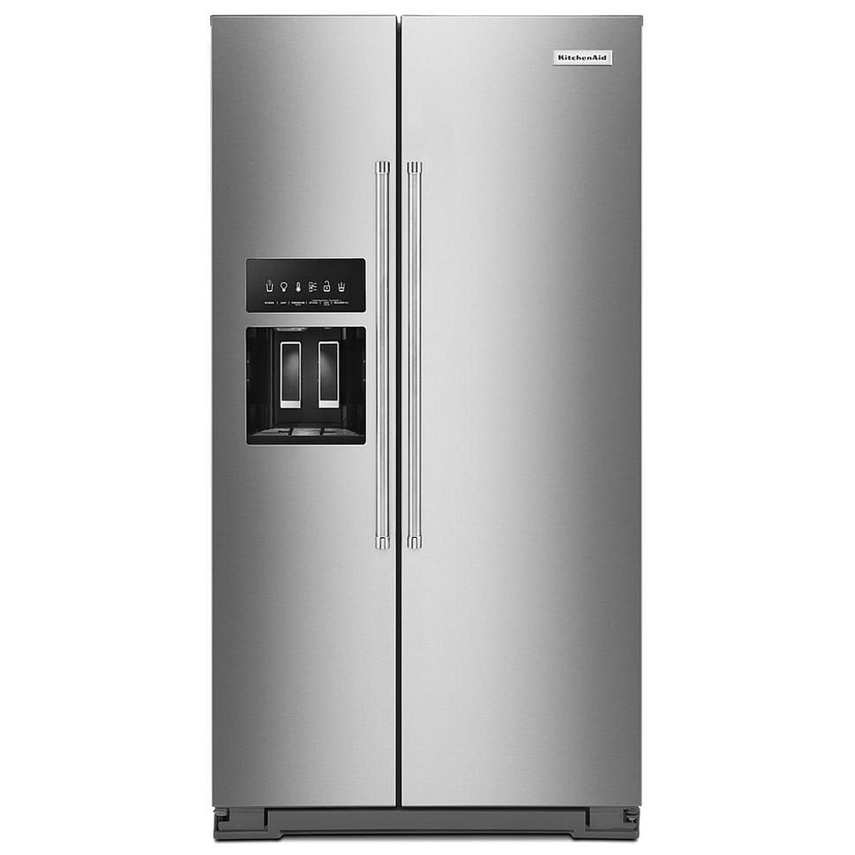 Front view of KitchenAid side-by-side refrigerator in stainless steel with exterior ice and water dispenser
