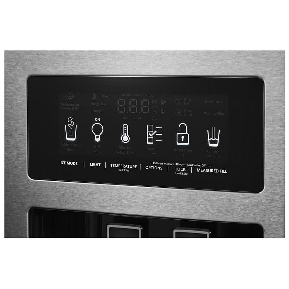 Close-up of exterior dispenser and touch controls with measured fill and lock icons