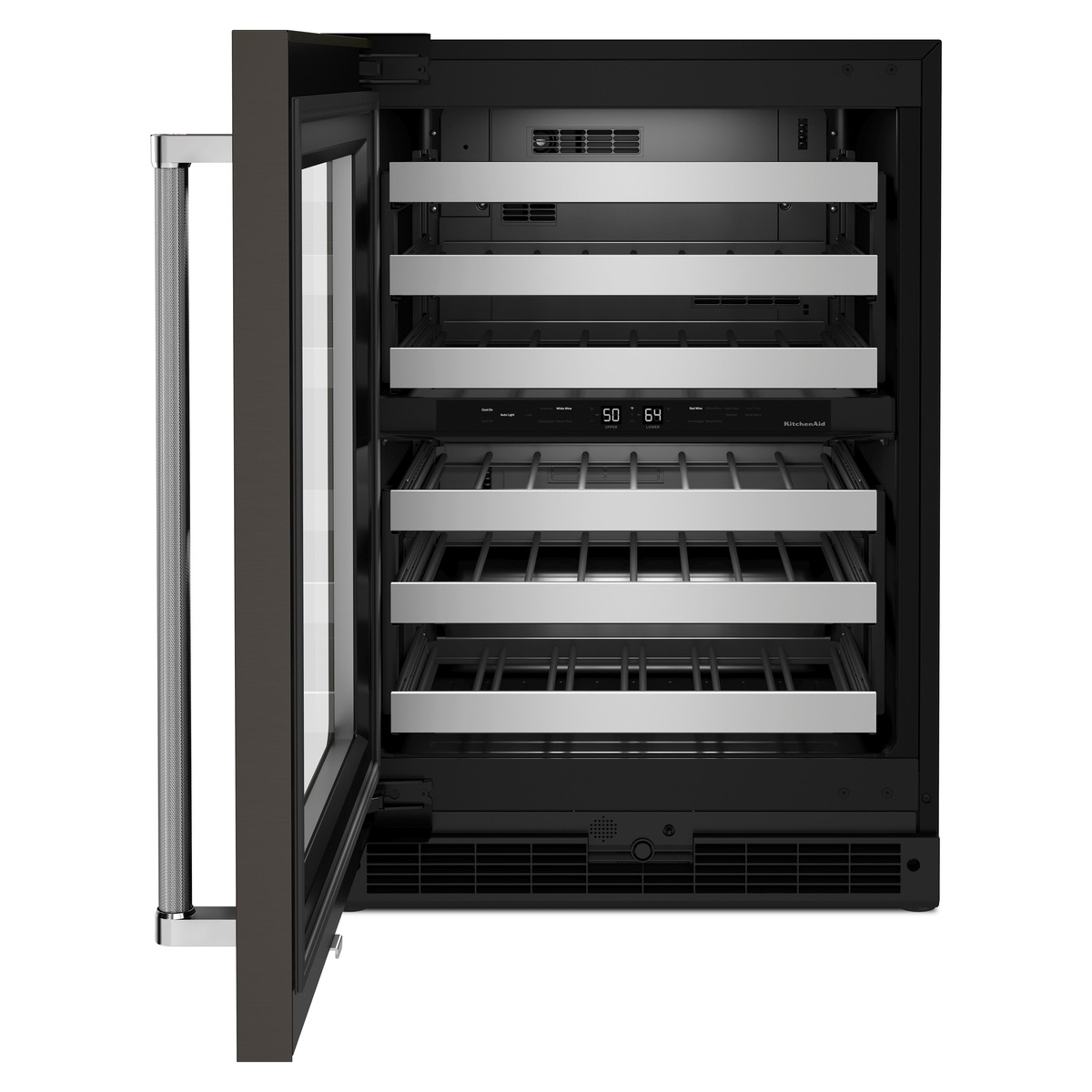 Open door view showing full-extension SatinGlide racks inside the wine cellar