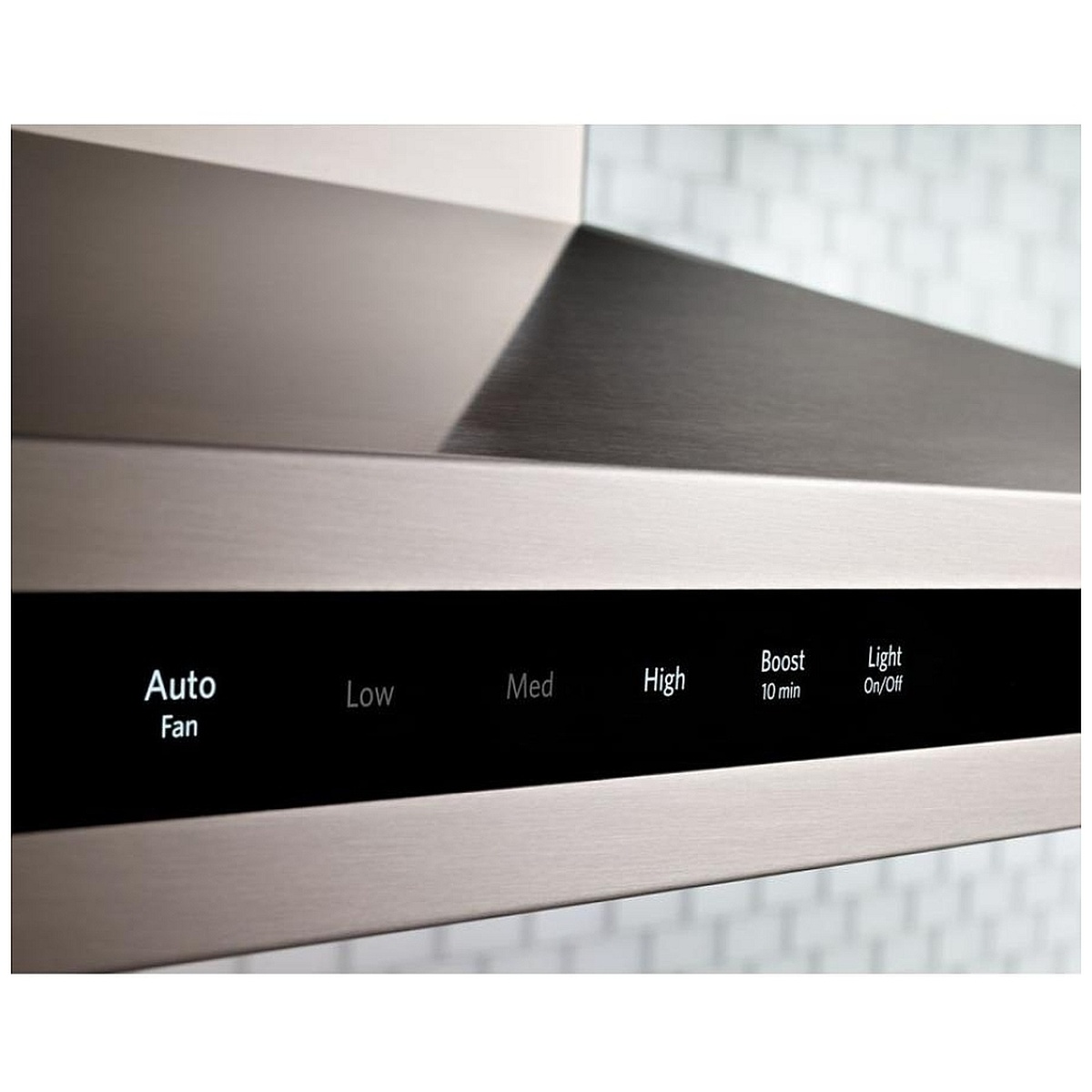 Close-up of the hood's touch control panel showing Auto Fan, Low, Med, High and Boost 10 min options.