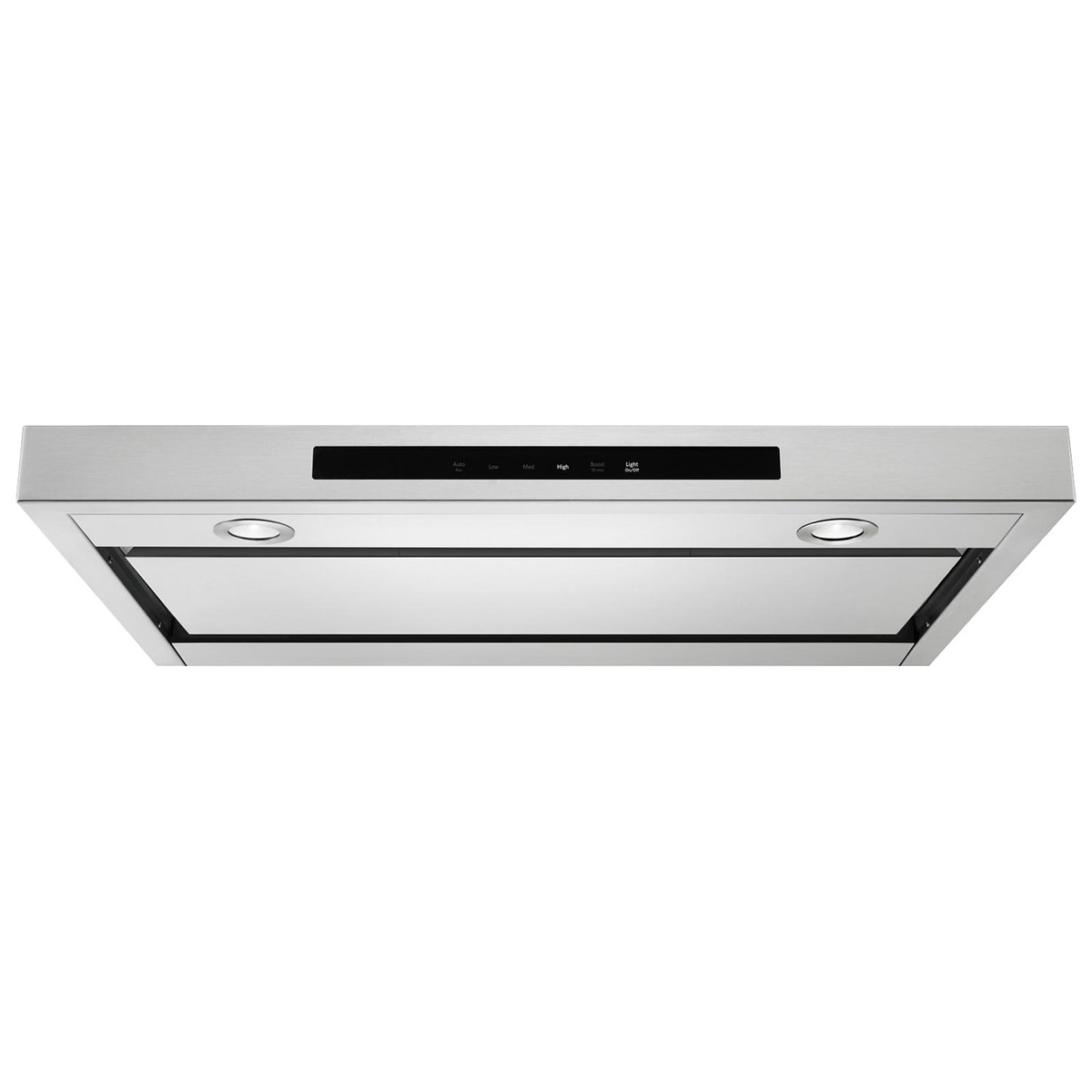 Under-cabinet stainless range hood underside with touch controls and dual LED lights.