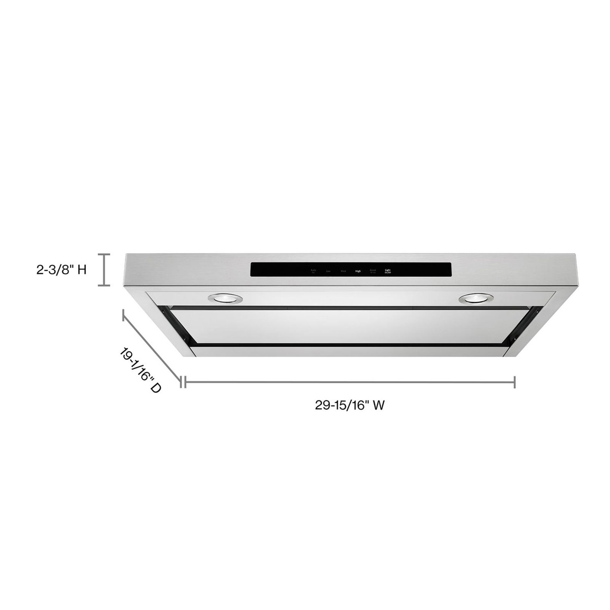 Range hood with annotated dimensions: 29-15/16 in. wide, 19-11/16 in. deep, 2-3/8 in. high.