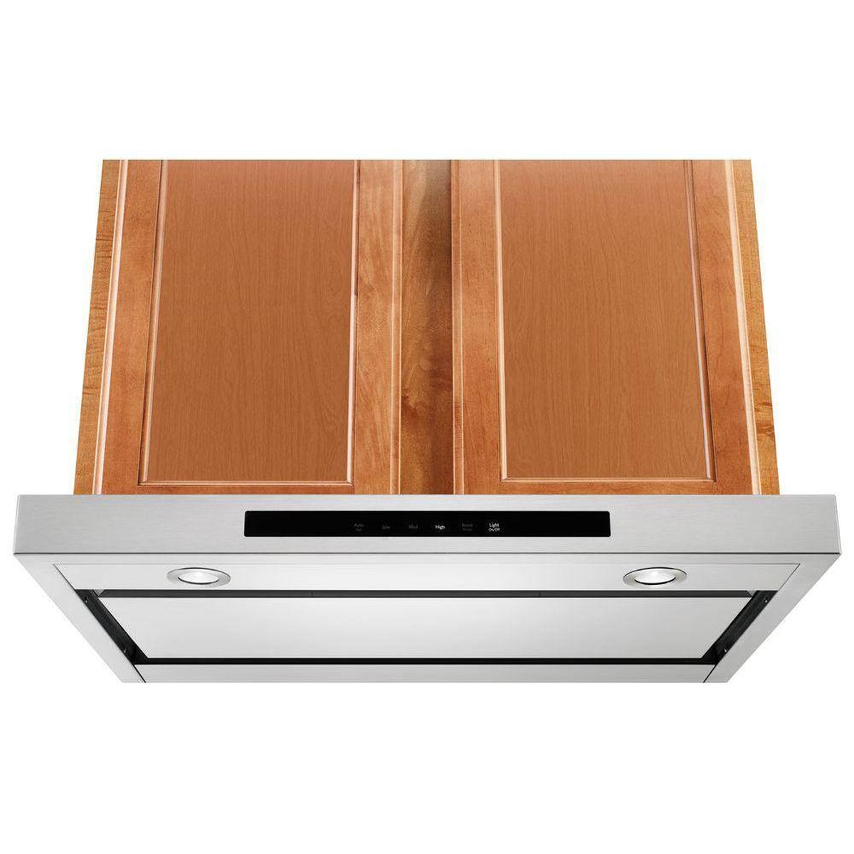 Low-profile KitchenAid under-cabinet hood installed beneath wood cabinets with touch controls and dual LED lights.