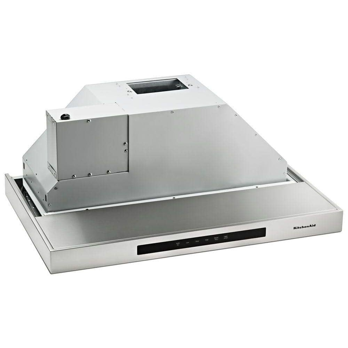 Rear view of the KitchenAid low-profile hood showing ducted vent connection and streamlined housing.