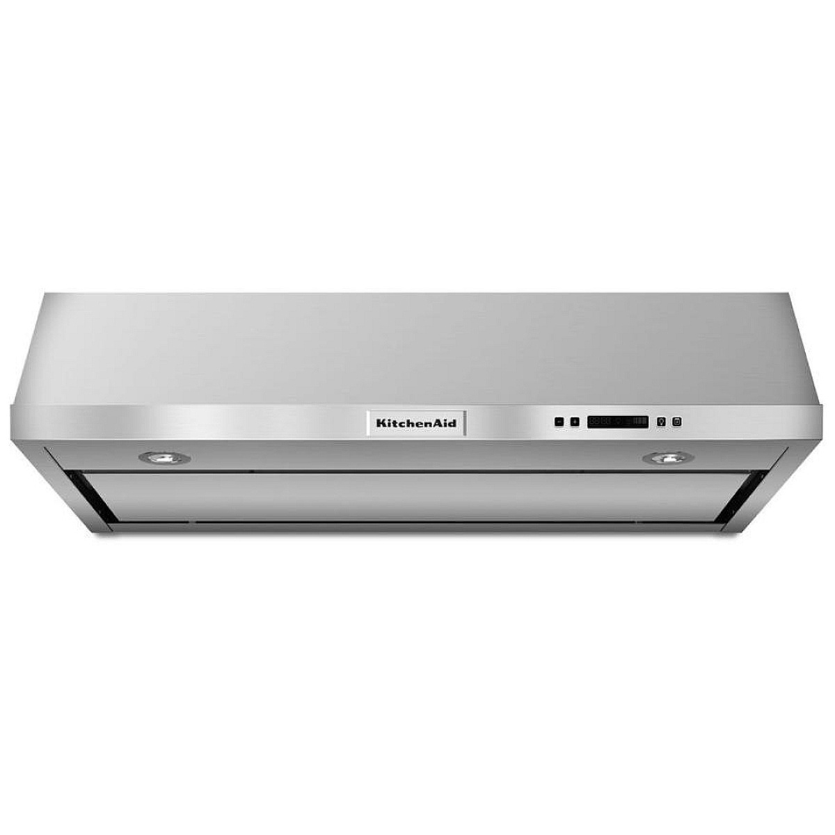 Front view of a stainless under-cabinet range hood with two round lights and a slim control panel