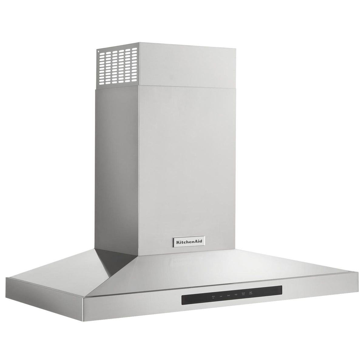 Angled view of the stainless steel wall‑mount chimney hood installed