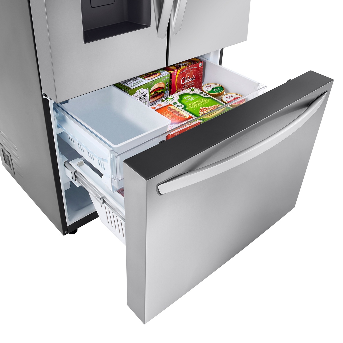Freezer drawer open showing separated storage zones and organized groceries
