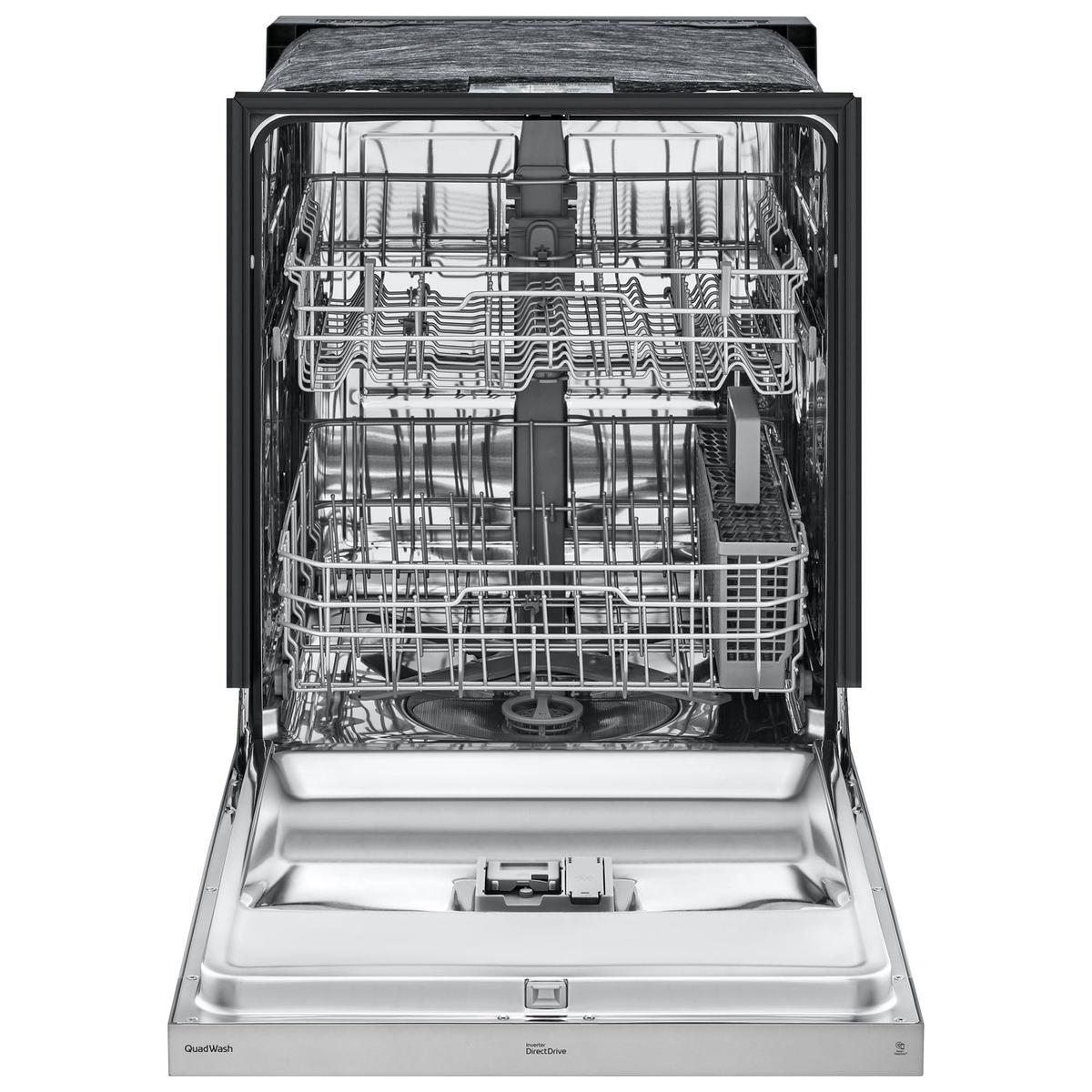 LG dishwasher interior with two adjustable racks and stainless tub, door open.