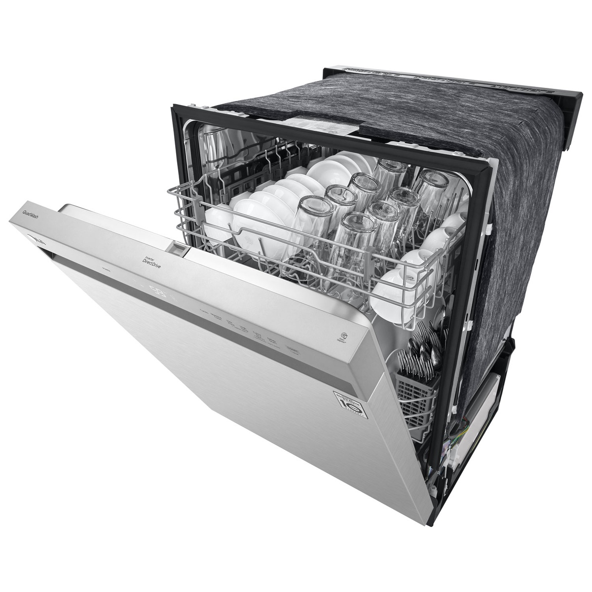 Front-control stainless LG dishwasher partially open with place settings loaded.