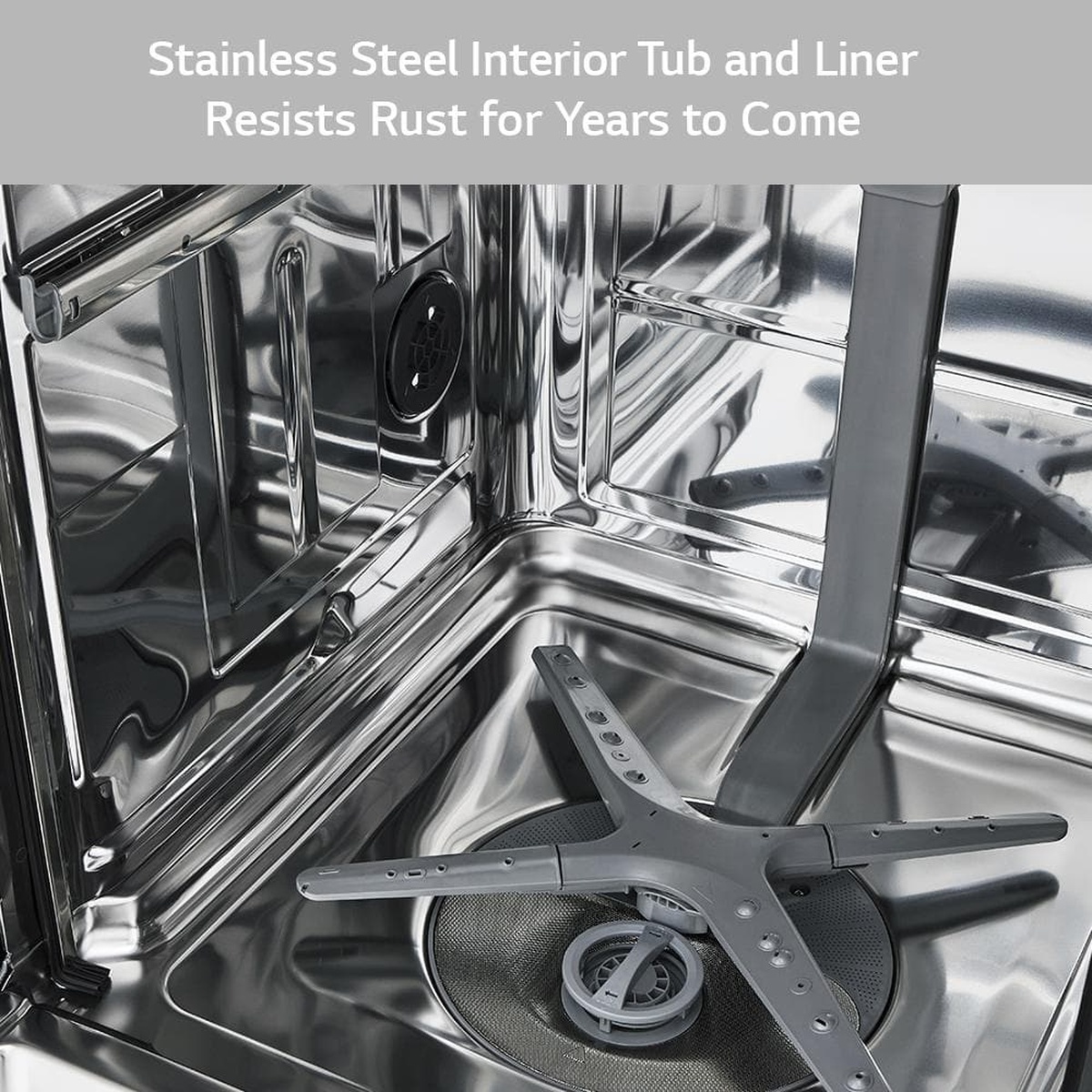 Stainless steel interior tub with spray arms and filter
