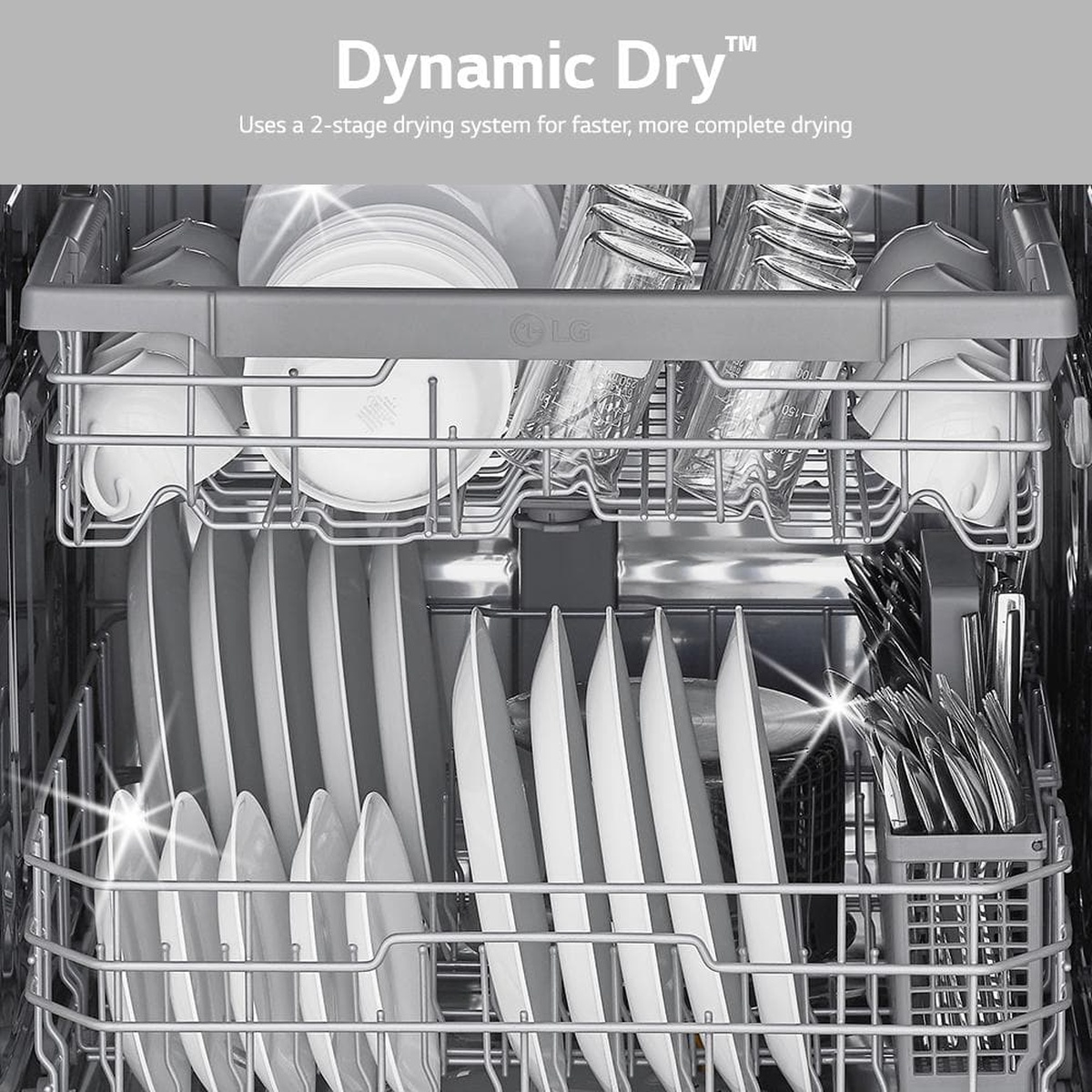 Dishwasher loaded with plates and glasses highlighting Dynamic Dry