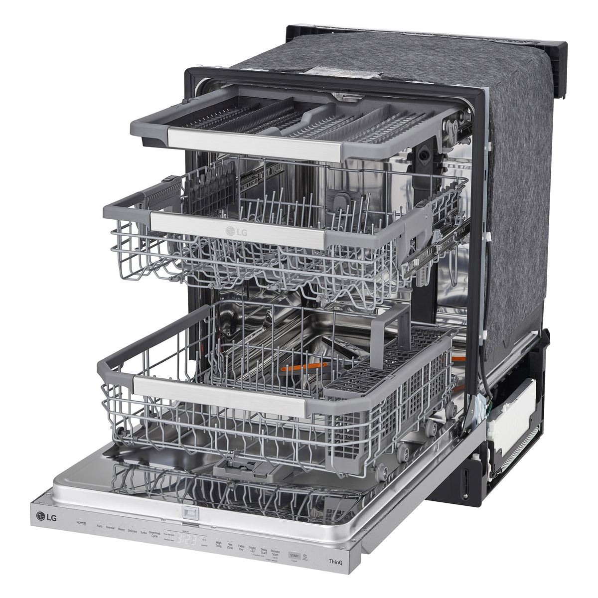 LG dishwasher showing three adjustable racks including a sliding third rack