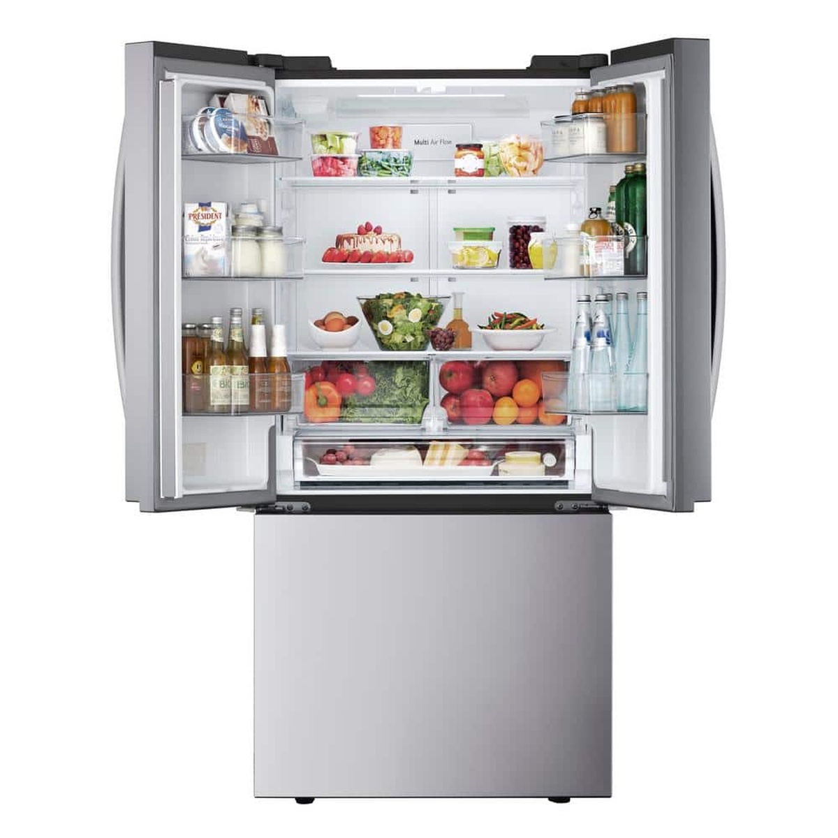 LG French door refrigerator open showing stocked shelves and Glide N' Serve drawer