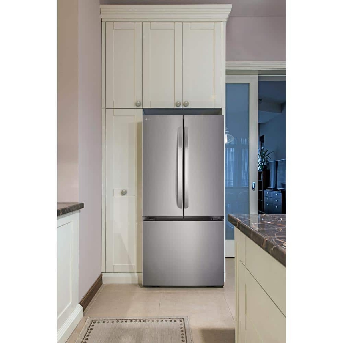 Refrigerator shown seamlessly fitted in a kitchen for a built-in look
