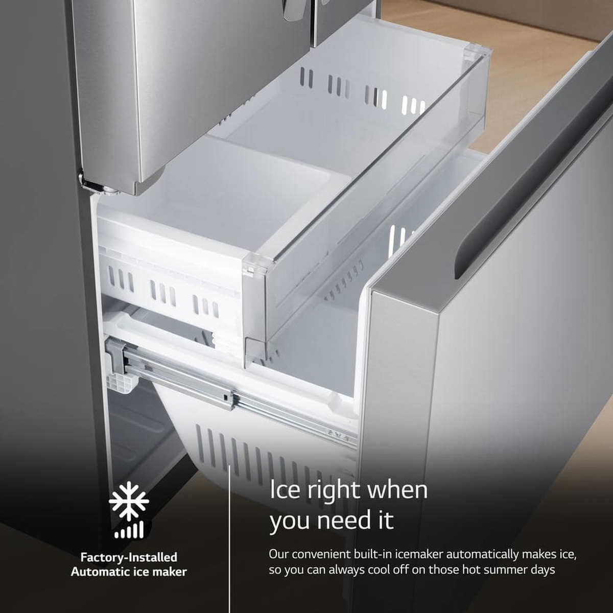 Freezer drawer with built-in automatic ice maker bins