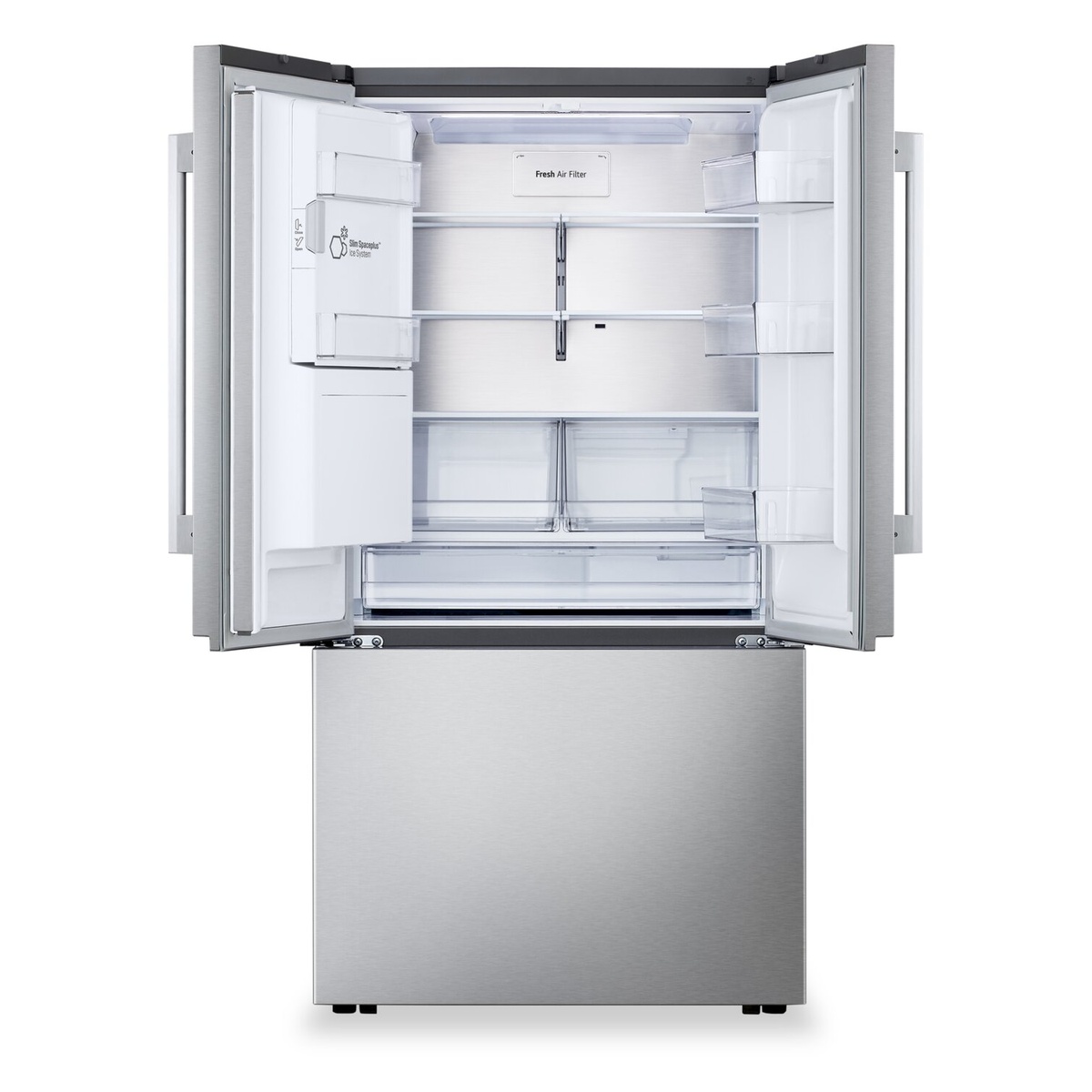 Open refrigerator interior with adjustable shelves, door bins and crispers