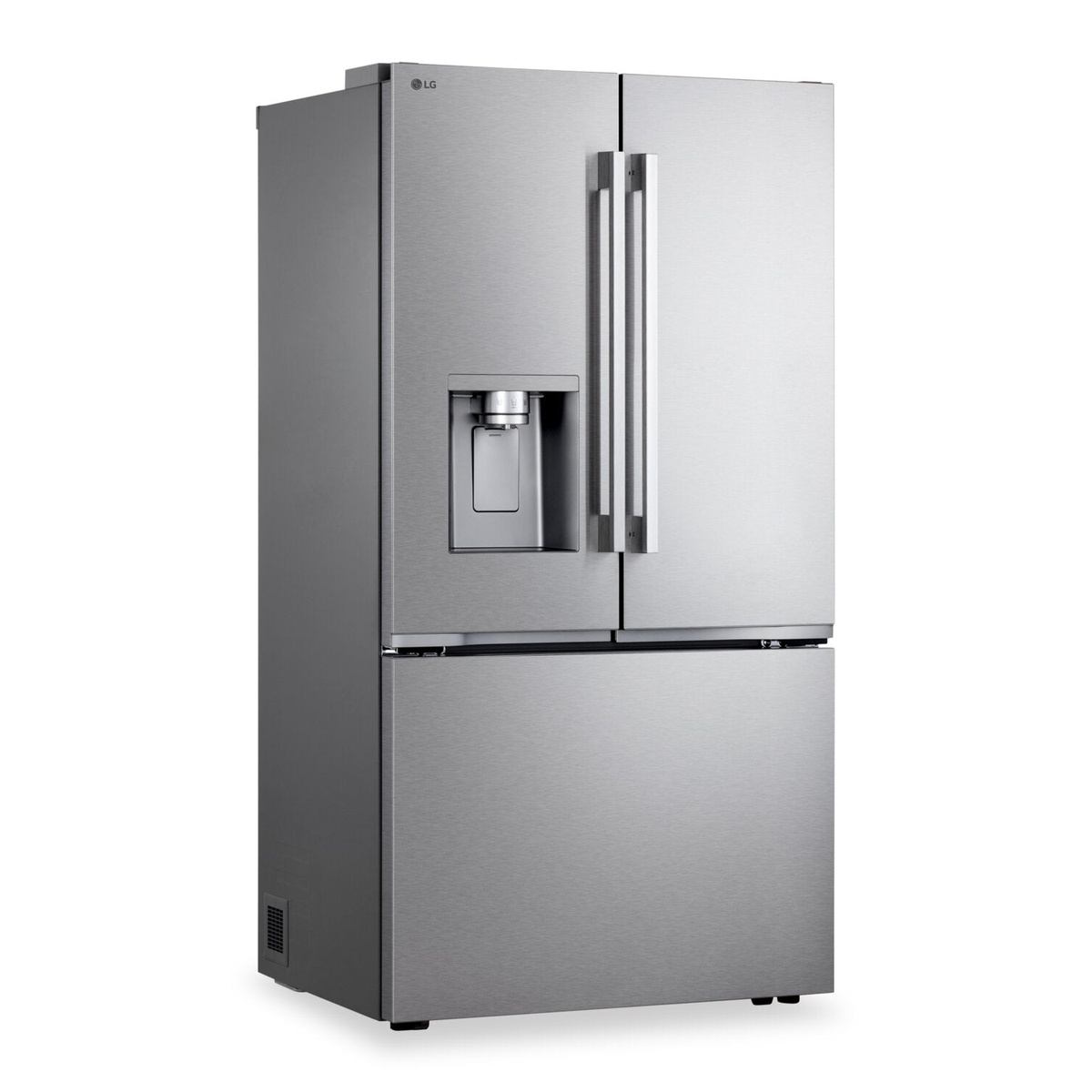 LG French door refrigerator in stainless showing counter‑depth design and external dispenser