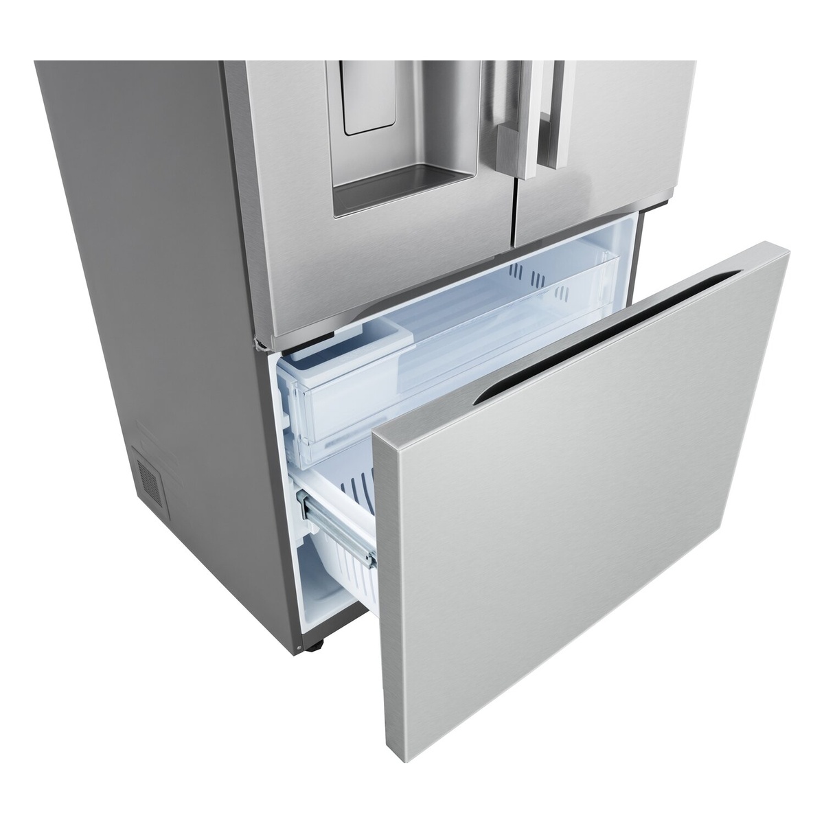Freezer drawer with organized bins and easy‑pull handle