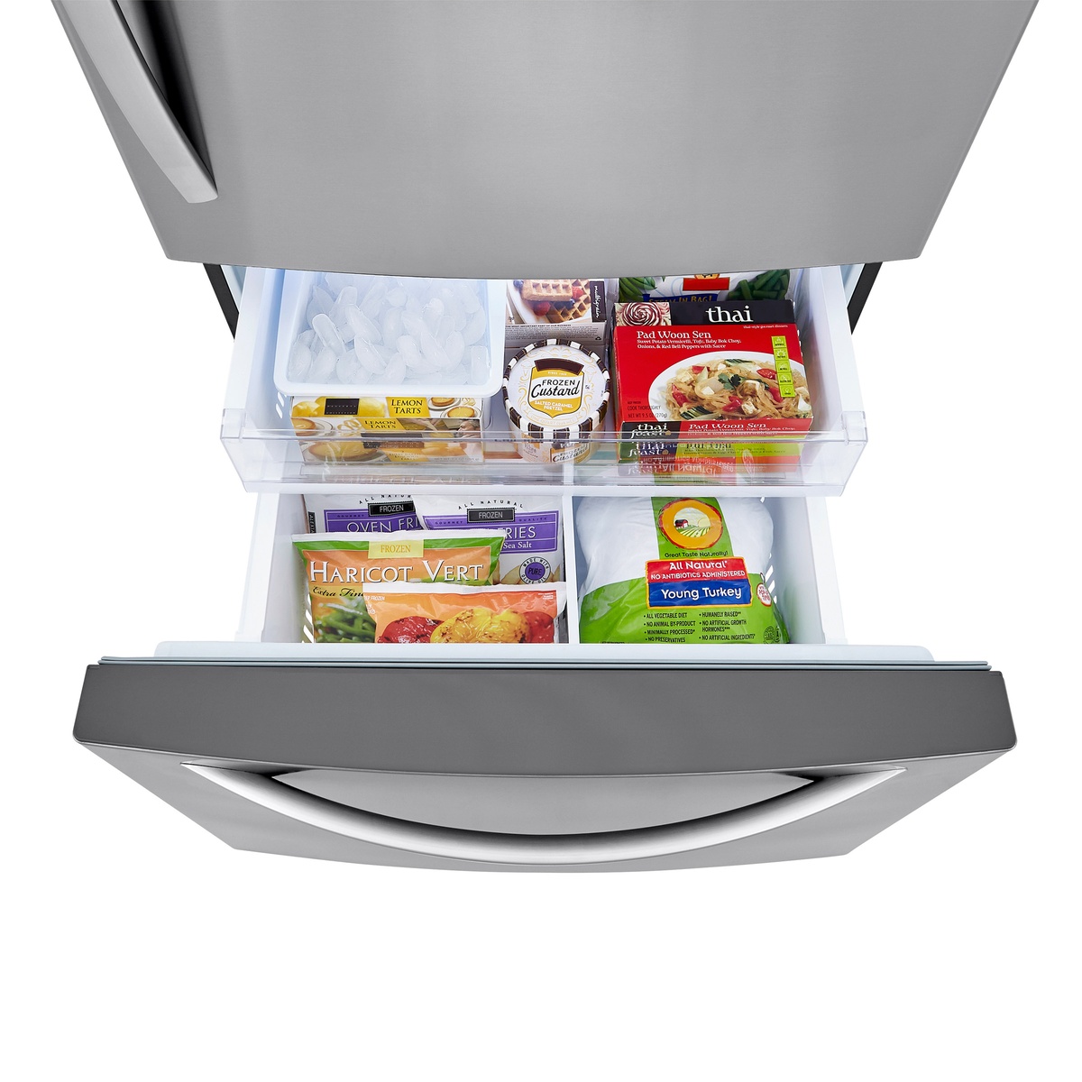 Bottom freezer drawer organized with bins and automatic ice maker