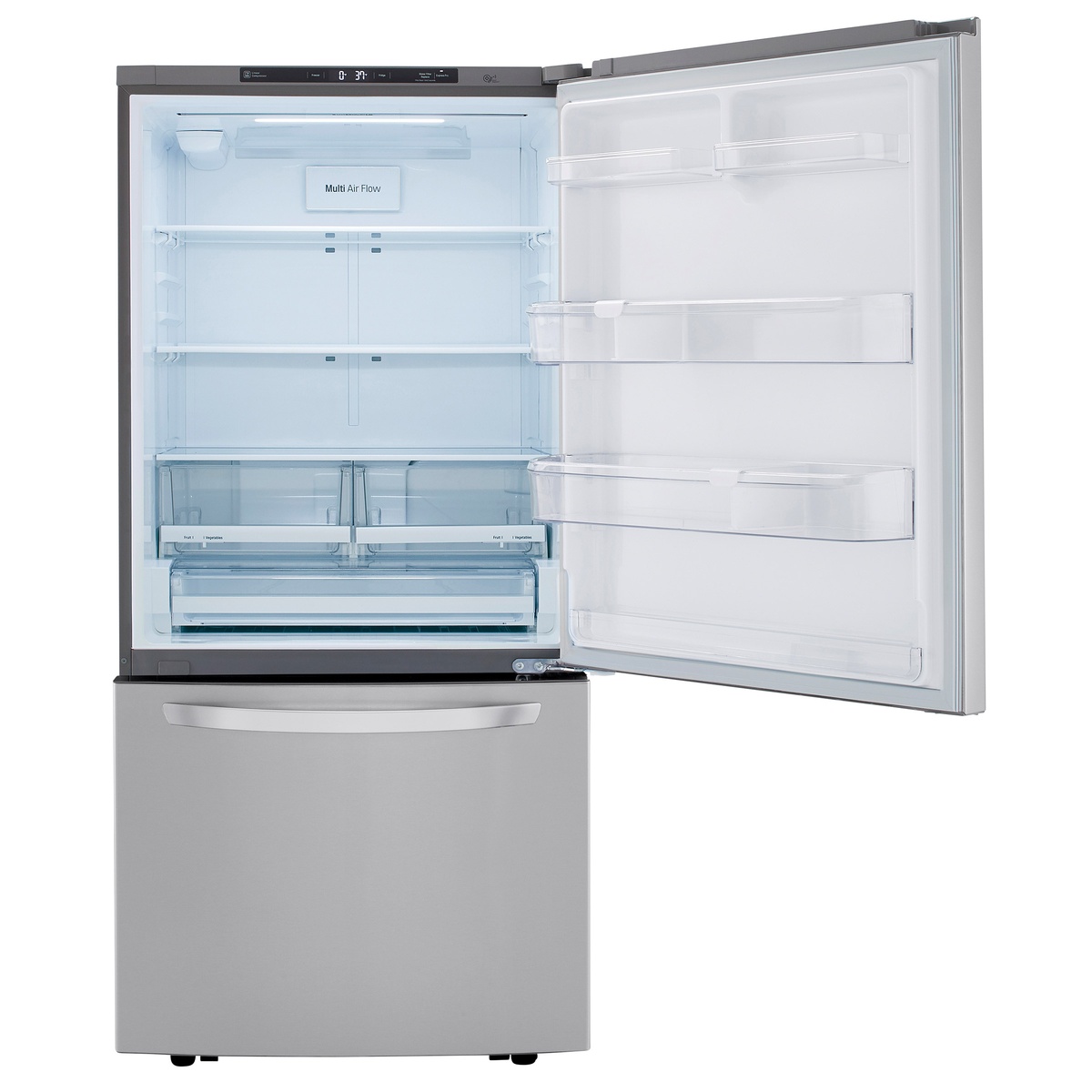 Open LG bottom-freezer refrigerator showing spacious interior with shelves and door bins
