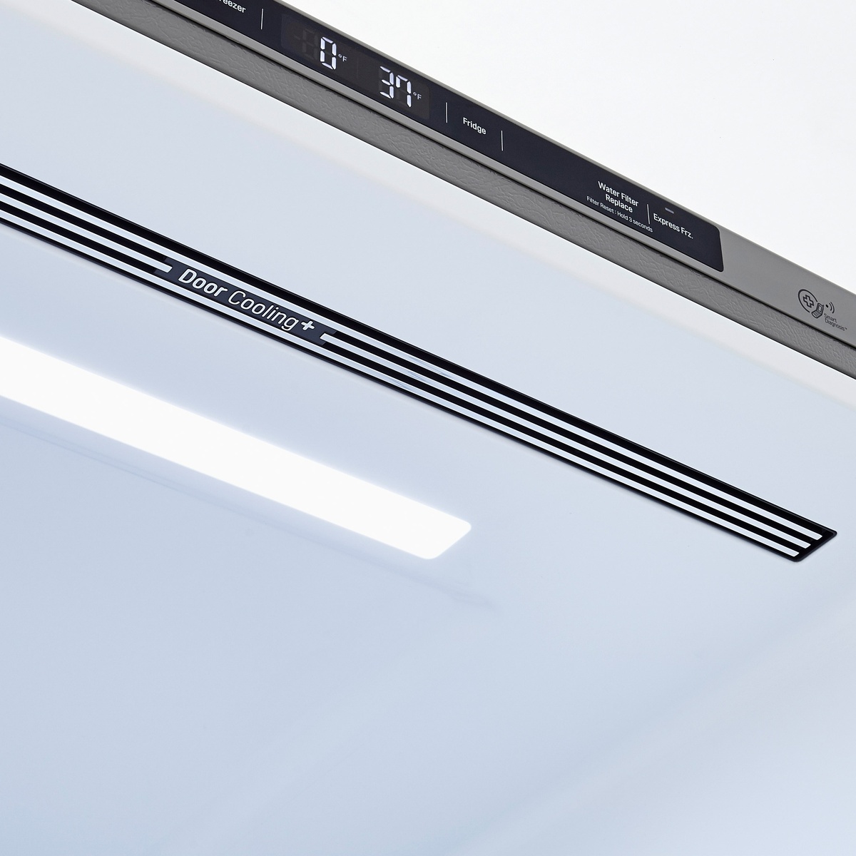 Close-up of Door Cooling+ vent and control panel inside the refrigerator