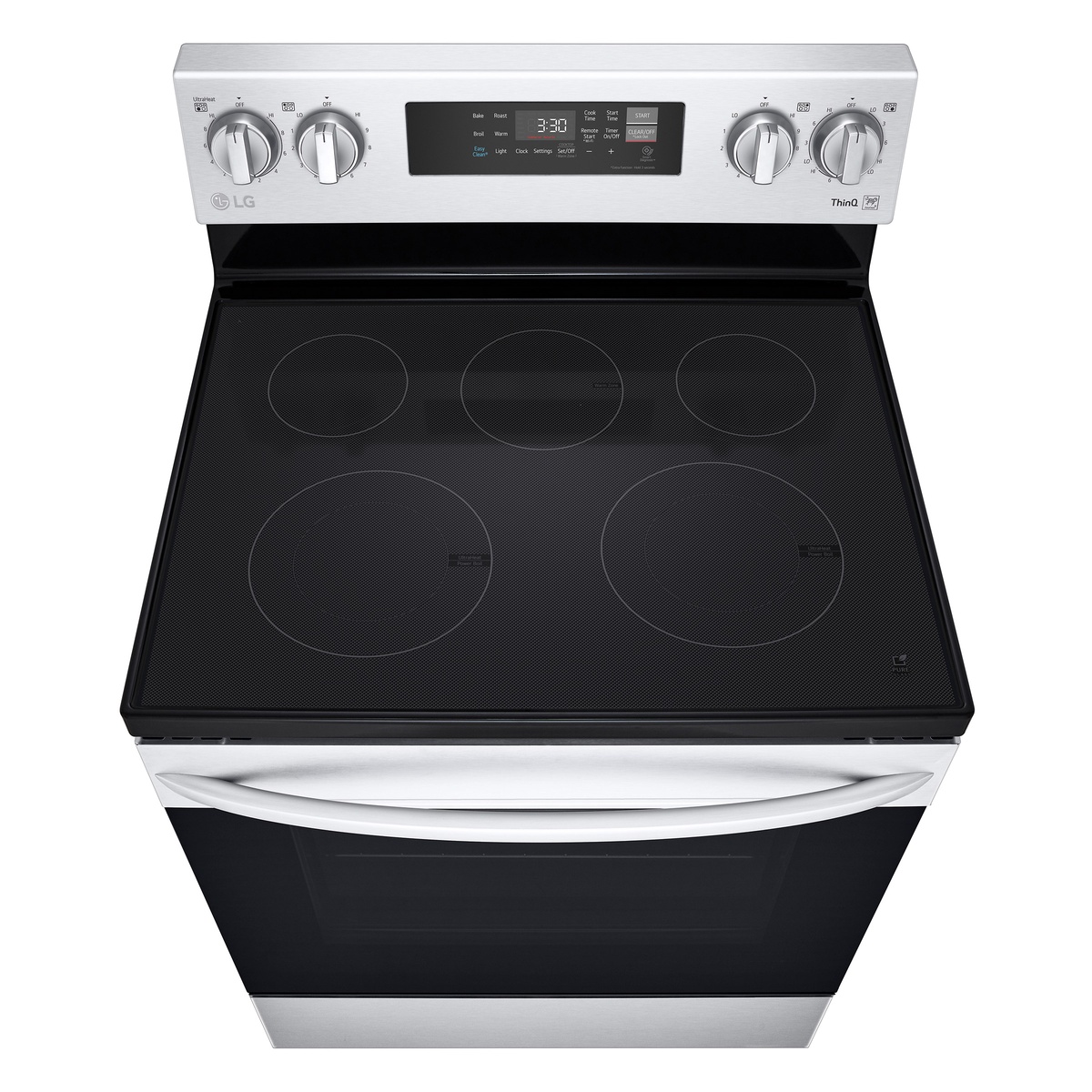 Top view of LG electric range showing 5-element smooth glass cooktop