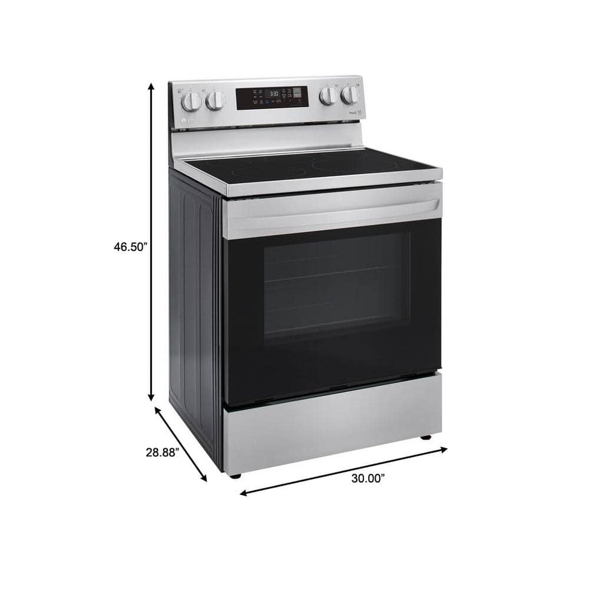 LG 30-inch stainless electric range showing 46.5-in height, 28.88-in depth, and 30-in width