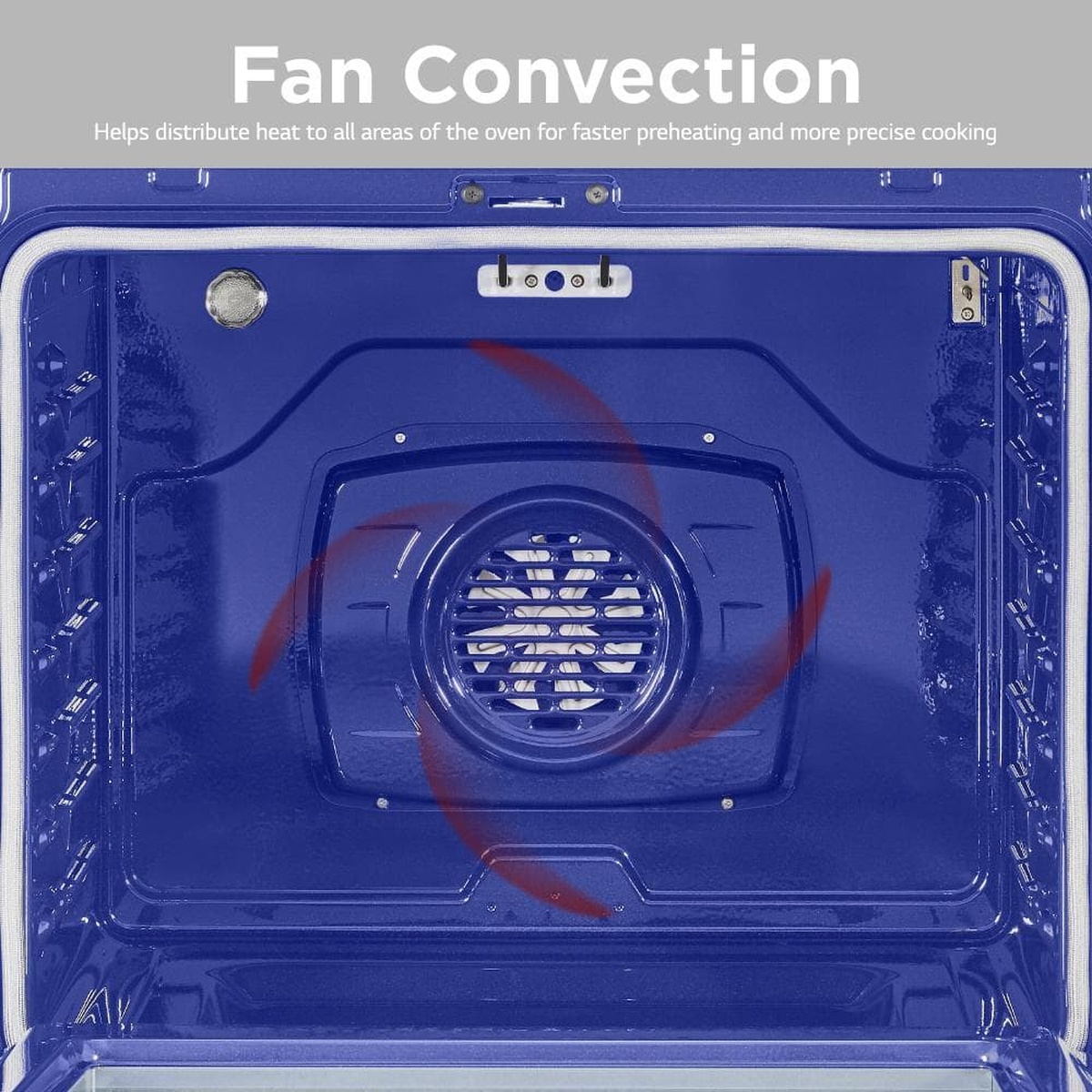 Oven fan convection system with airflow indicated
