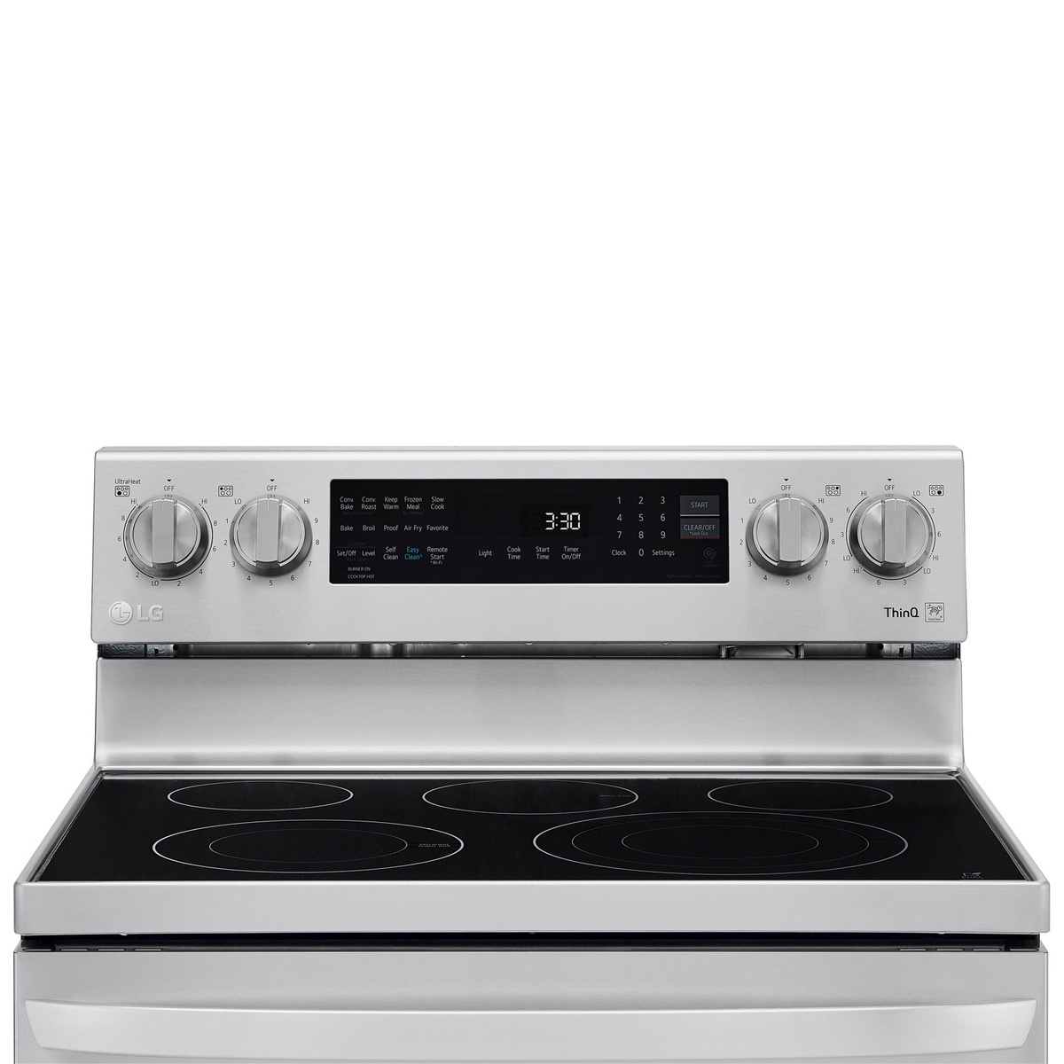 LG range control panel with knobs and SmoothTouch glass buttons
