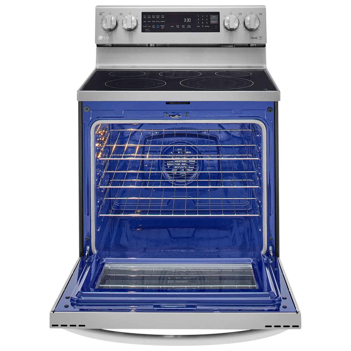 LG oven interior highlighting convection fan and multiple rack positions