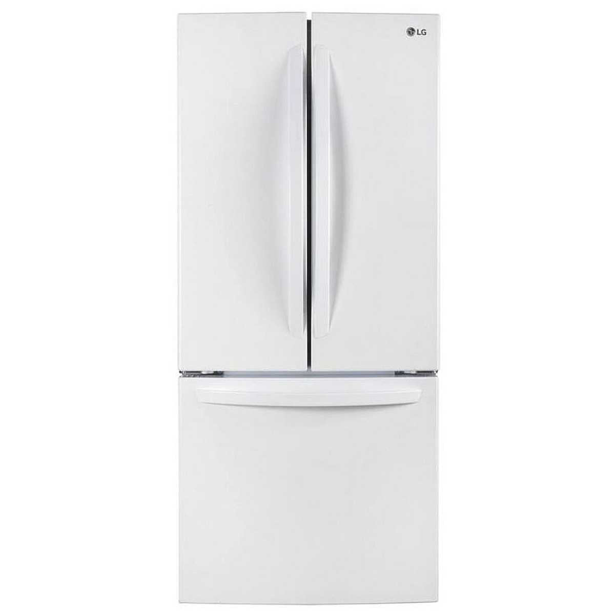 Front view of white LG French-door refrigerator with curved handles.