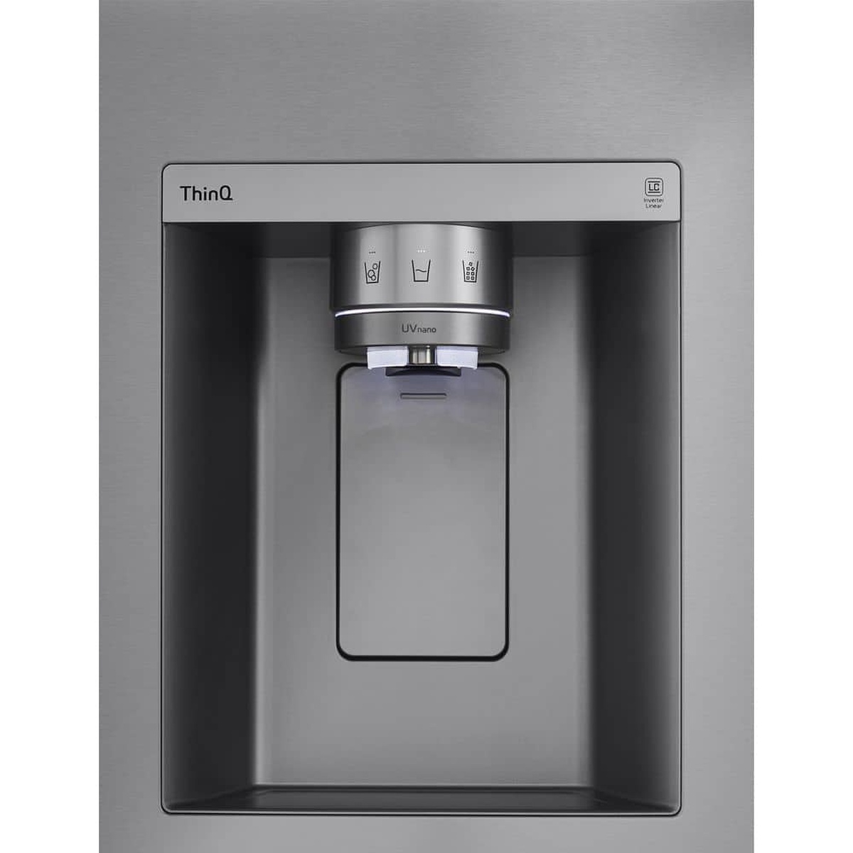 Close‑up of the external LG dispenser showing water, cubed, and crushed ice icons.