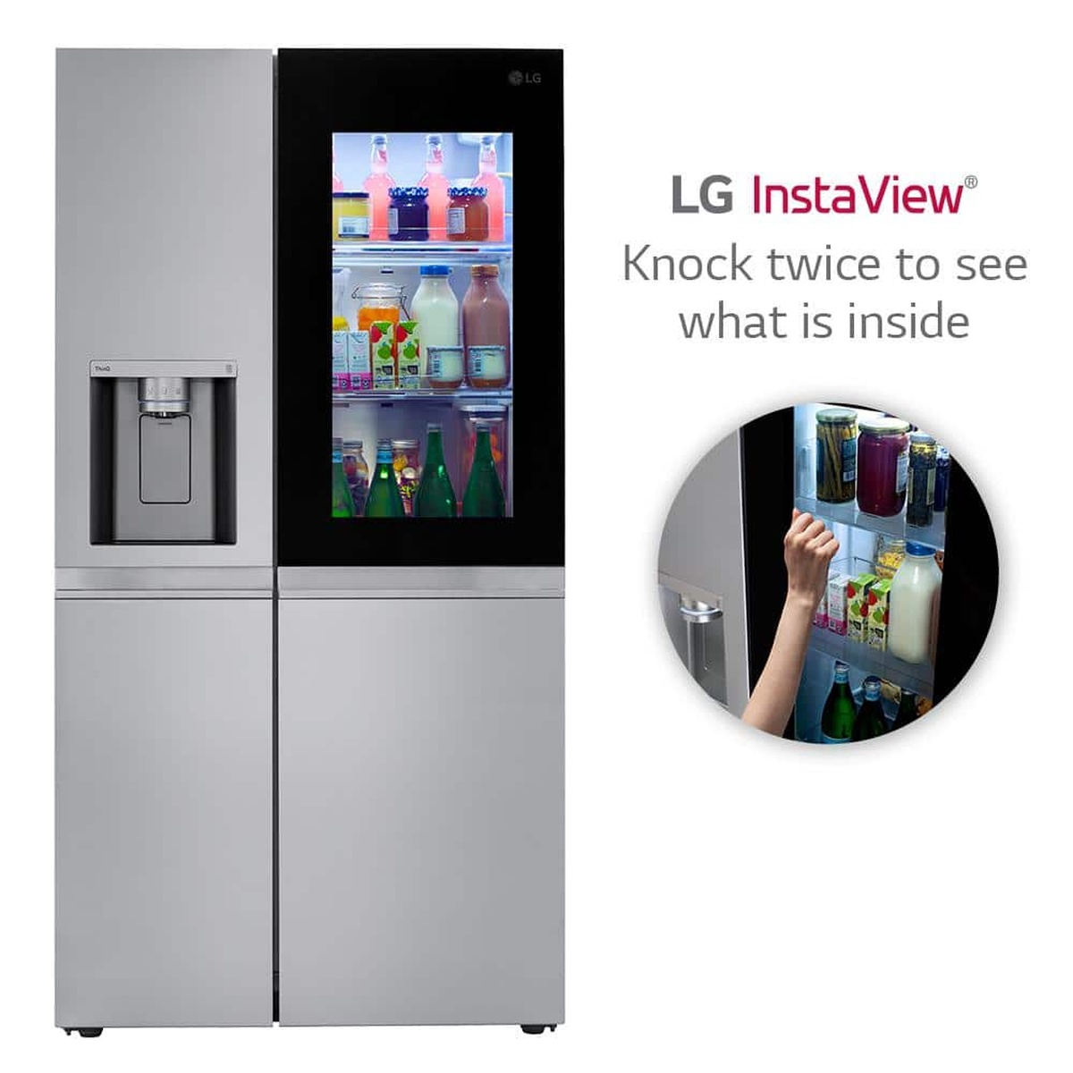 Front view of LG side‑by‑side refrigerator showing InstaView glass panel lit with beverages inside.