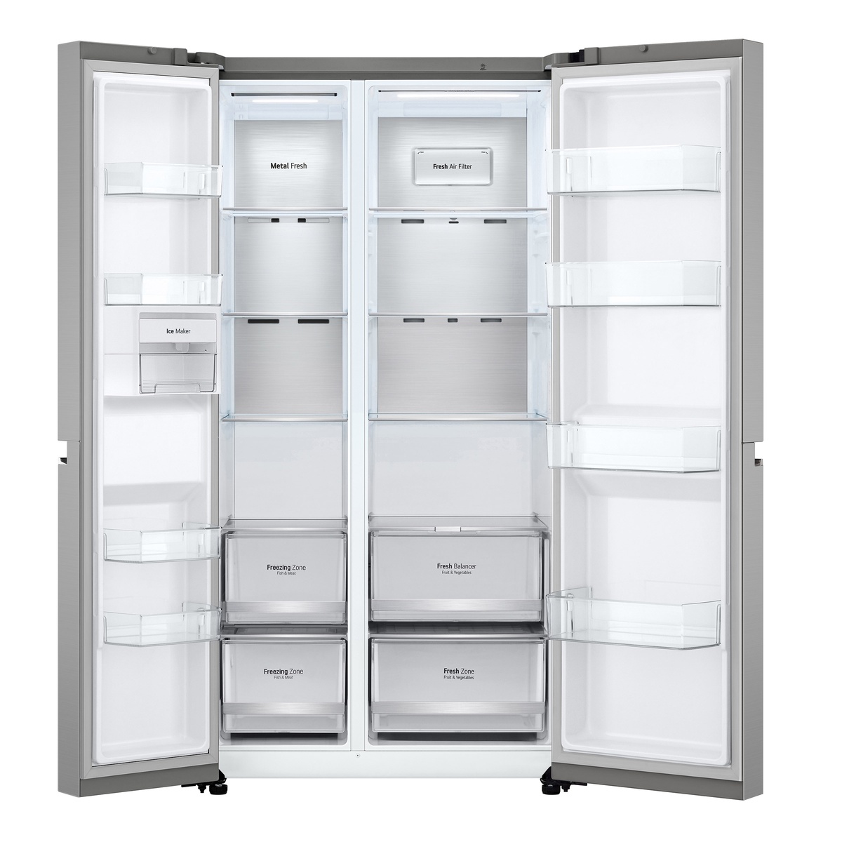 Spacious side-by-side interior with adjustable shelves, door bins, and crisper drawers.