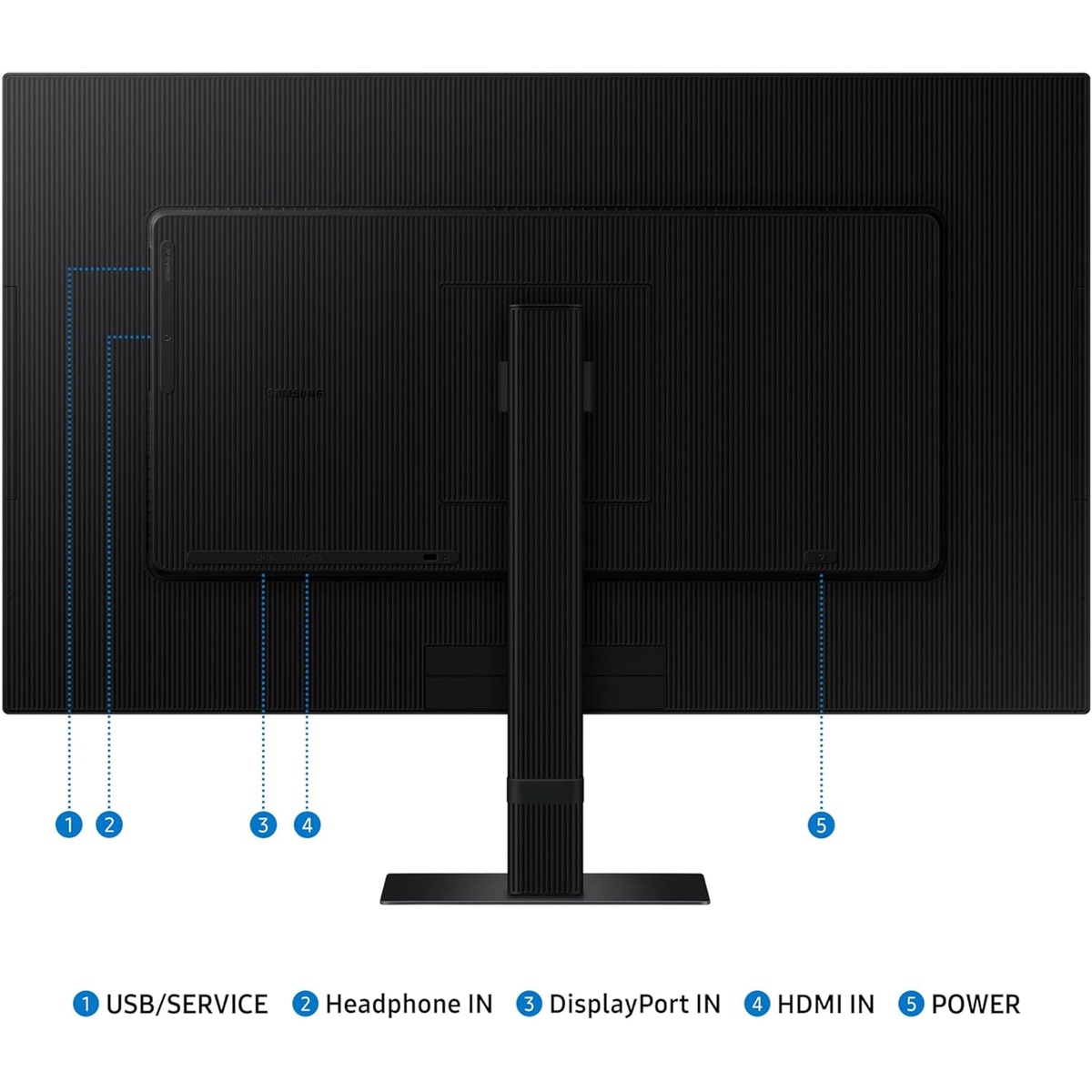 Rear view of monitor with labeled ports: USB/service, headphone in, DisplayPort in, HDMI in, and power.