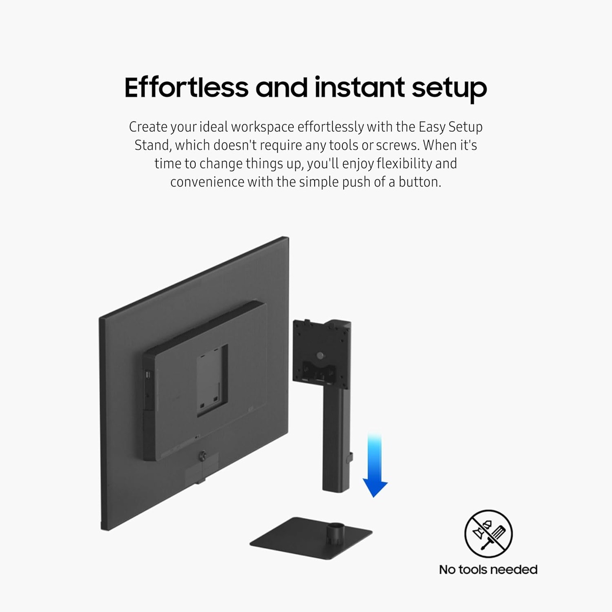 Exploded view showing the monitor's tool-free Easy Setup Stand components.
