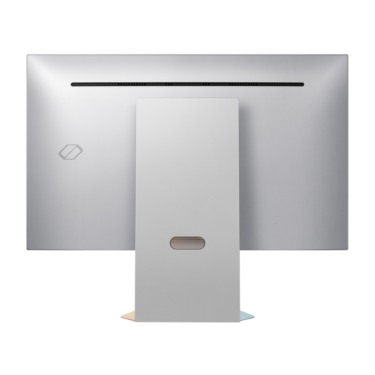 Back of the monitor with clean silver panel and centered stand.