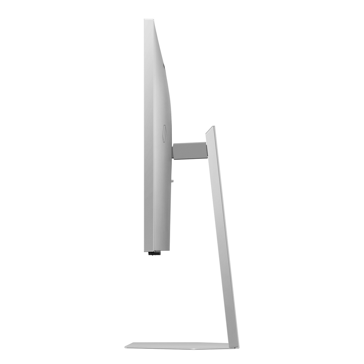 Side profile of the monitor showing slim screen and angled stand.