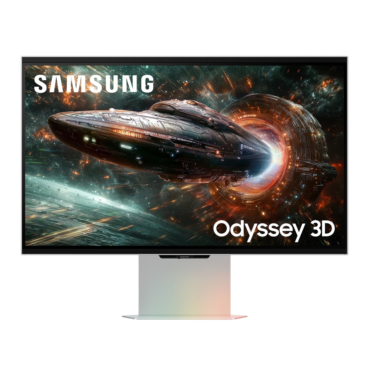 Front view of Samsung Odyssey 3D 27-inch monitor displaying a sci‑fi scene.