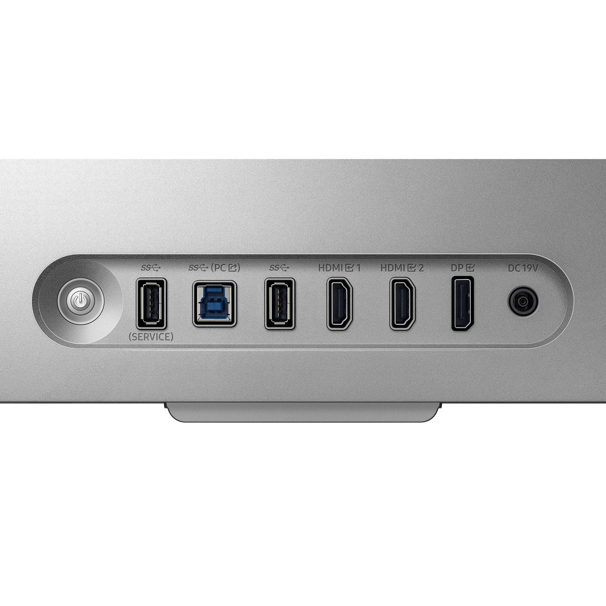 Close-up of rear I/O showing power button, USB upstream and downstream, two HDMI, DisplayPort and DC input.