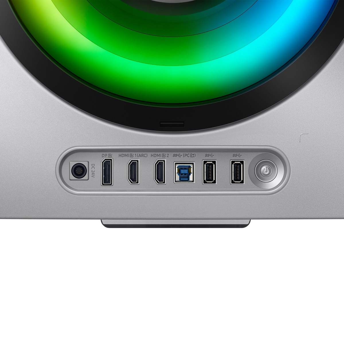 Close-up of the Odyssey G8’s ports including DisplayPort, two HDMI, USB upstream and USB-A ports.